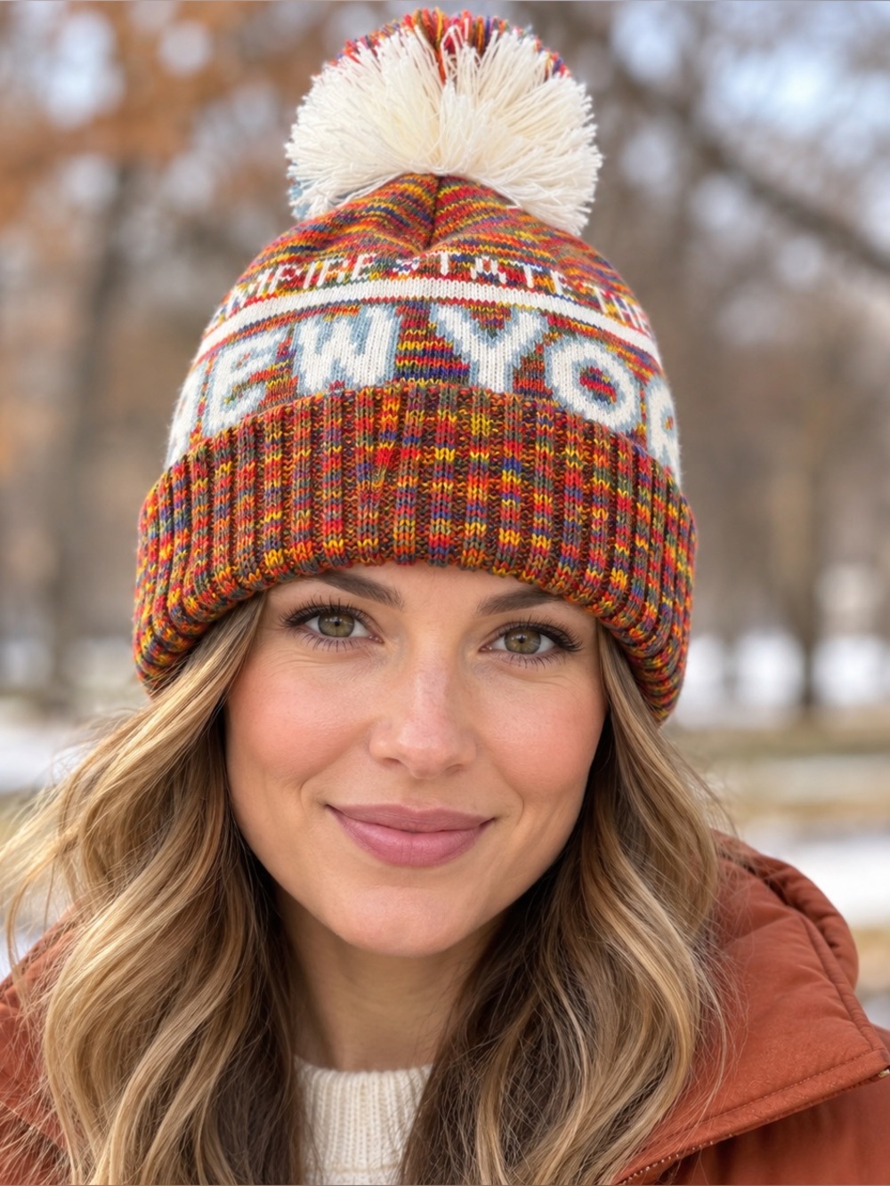 Robin Ruth New York Multicolor Knit Pom-Pom Cuffed Beanie Winter Hat